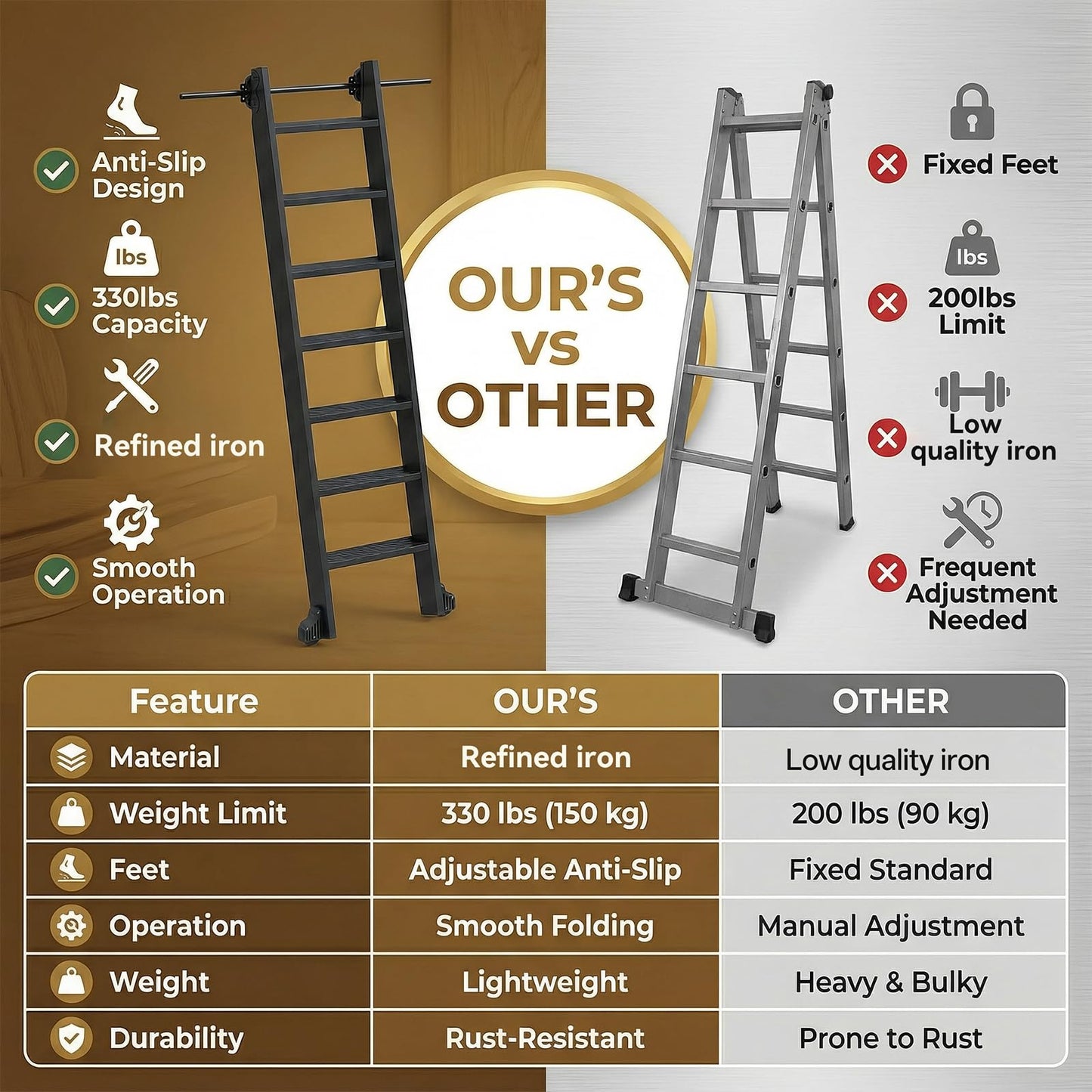 96" Rolling Library Metal Step Ladder, 8-Step Portable 330lb Heavy Duty Black Movable Ladder, 4FT Sliding Hardware Track Kit Bottom Wheel Included, for Kitchen, Loft, Warehouses and Bookstore
