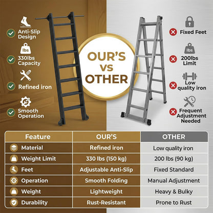 96" Rolling Library Metal Step Ladder, 8-Step Portable 330lb Heavy Duty Black Movable Ladder, 4FT Sliding Hardware Track Kit Bottom Wheel Included, for Kitchen, Loft, Warehouses and Bookstore
