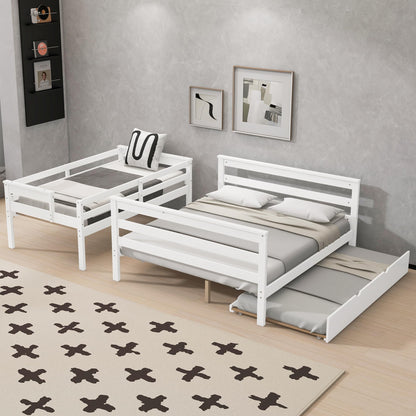 Merax Twin XL Over Queen Bunk Bed Wood Detachable Bunk Bed with Trundle & Ladder, Multifunction Bunk Bed with Full Length Gardrails, No Box Spring Needed,Space Saving,White