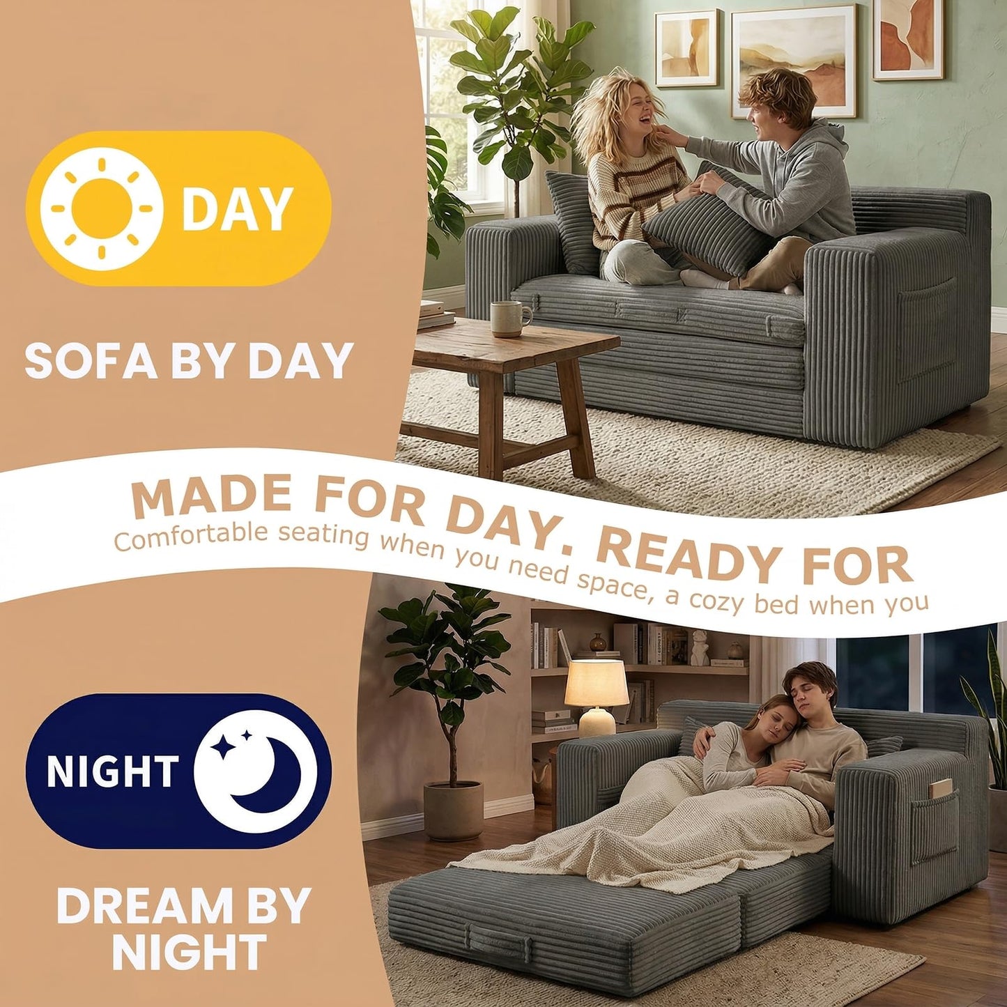 feliz home Boneless Loveseat Sofa Bed, Tri-Folding Convertible Futon Sleeper with Handle & Side Pockets, 54'' Boneless Couch with Hook and Loop No Assembly for Small Space,Living Room & Bedroom