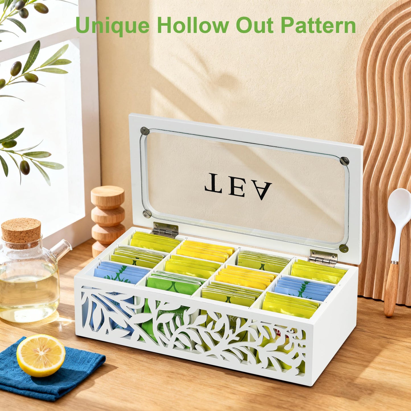 handrong Tea Box Organizer,Wood Tea Organizers and Storage,12 Compartments Teas Bag Organizers,Teas Bag Holder Organizer,Wooden Storage Box for Countertop Kitchen Cabinet Pantry