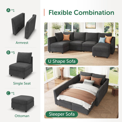 HONBAY Modular Sectional Couch L Shaped Sectional Sofa with Storage, Convertible Couches for Living Room - Snowflake Velvet Grey