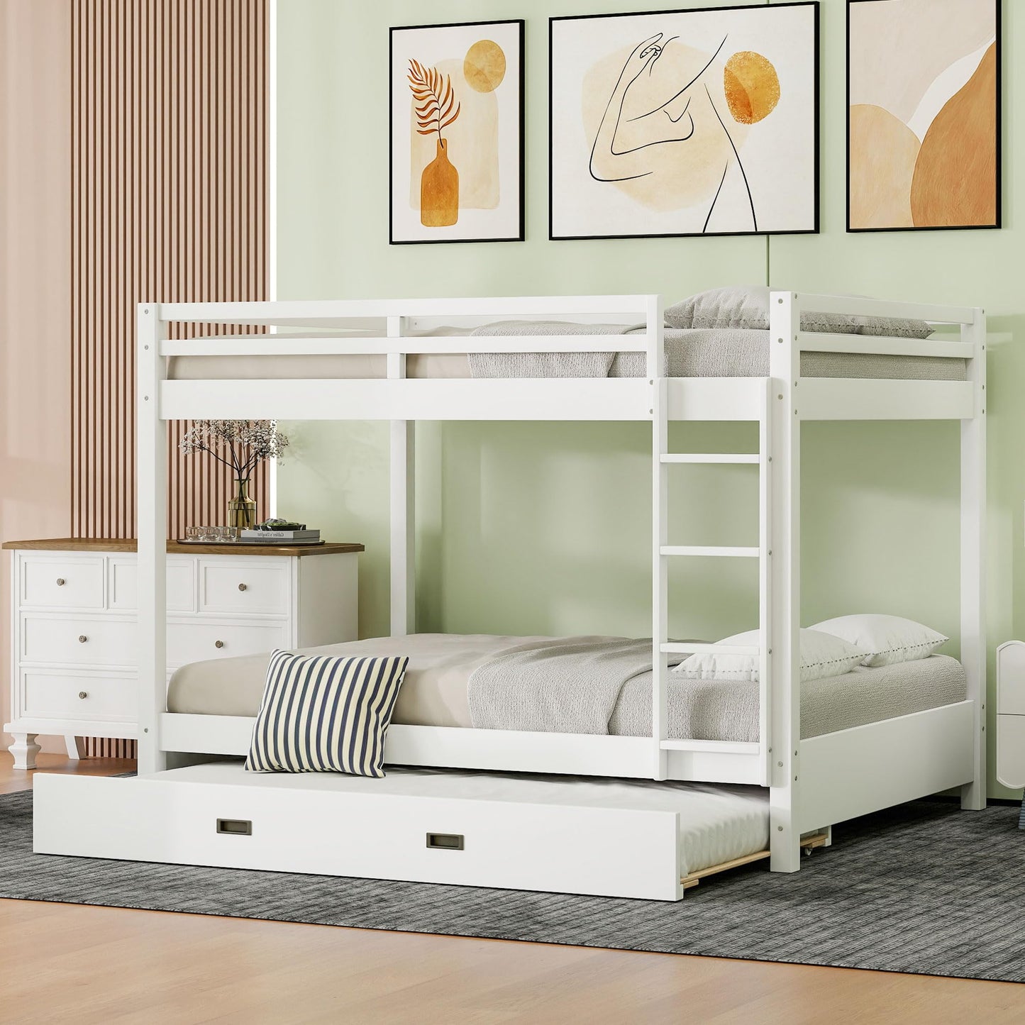 Merax Modern Queen Over Queen Size Wood Bunk Bed with Ladder and Twin XL Trundle, No Box Spring Required, Space-Saving, White