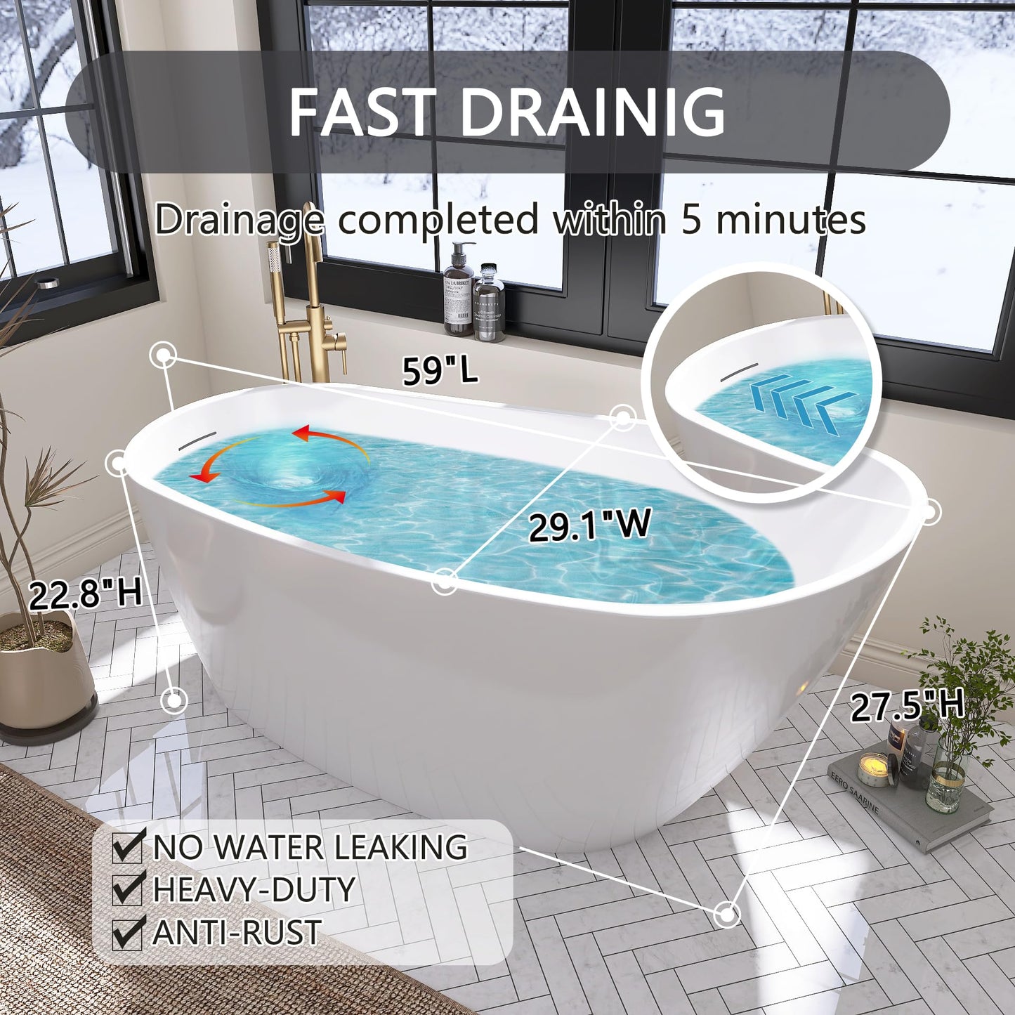 59" Free Standing Tub, Pure Acrylic Freestanding Bathtub, Stylish Stand Alone Contemporary Deep Soaking Bath Tub, cUPC Certified SY9950 (Glossy White)