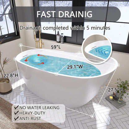59" Free Standing Tub, Pure Acrylic Freestanding Bathtub, Stylish Stand Alone Contemporary Deep Soaking Bath Tub, cUPC Certified SY9950 (Glossy White)