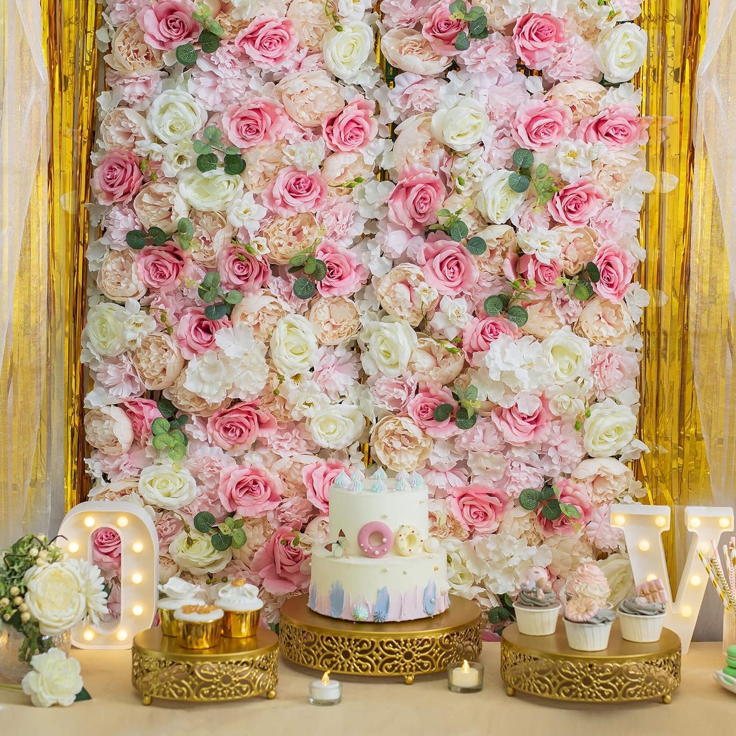GOUZIBHD Flower Wall Panel, Fake Silk Flower Backdrop, Artificial Flower Wall Mat for Wedding Party Bridal Baby Shower Living Room Decor, 16 X 24 in Silk Rose Wall(Size:12PCS)