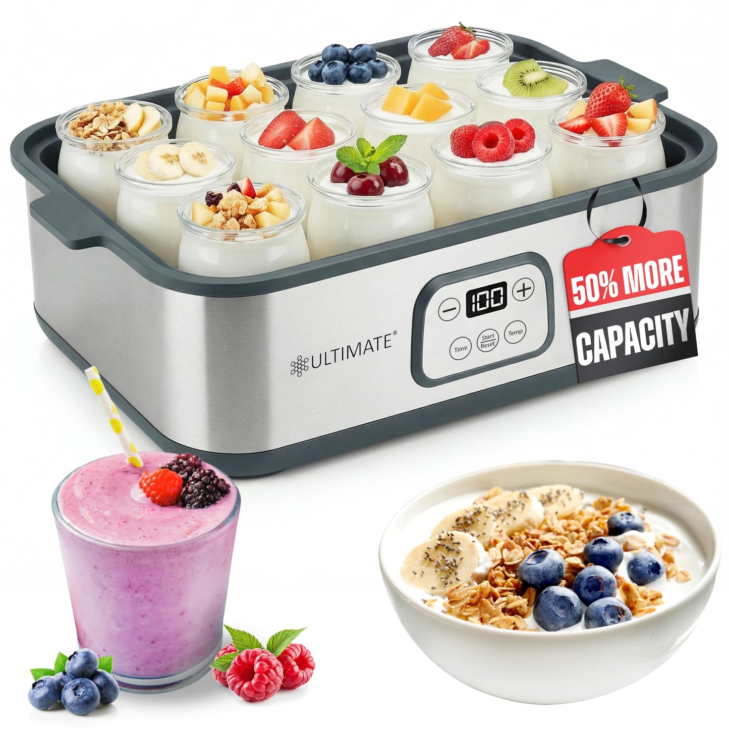 Ultimate Probiotic Yogurt Maker XL, Adjustable Time & Temperature Control, 50% More Capacity with 12 x 6oz Yogurt Jars, Make Trillions of Probiotics for Gut Health, ULTIMATE LIFETIME WARRANTY