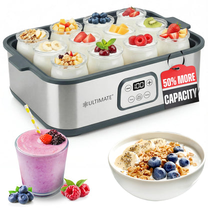 Ultimate Probiotic Yogurt Maker XL, Adjustable Time & Temperature Control, 50% More Capacity with 12 x 6oz Yogurt Jars, Make Trillions of Probiotics for Gut Health, ULTIMATE LIFETIME WARRANTY