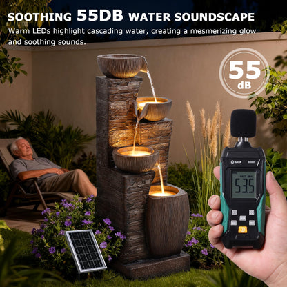 Pivotify 38.2" Tall Solar Powered Water Fountain for Outdoor,4 Tiers Modern Cascading Bowls and Stacked Stones Solar Fountains with LED Lights for Garden, Patio, Deck, Backyard and Home Art Decor