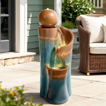 Ultym 32" H Ceramic Outdoor Water Fountain with LED Lights, 3-Tier Cascading Sphere Water Feature, Tranquil Waterfall for Relaxing Garden, Patio, Yard, or Porch, Teal & Copper Drip-Glaze Finish
