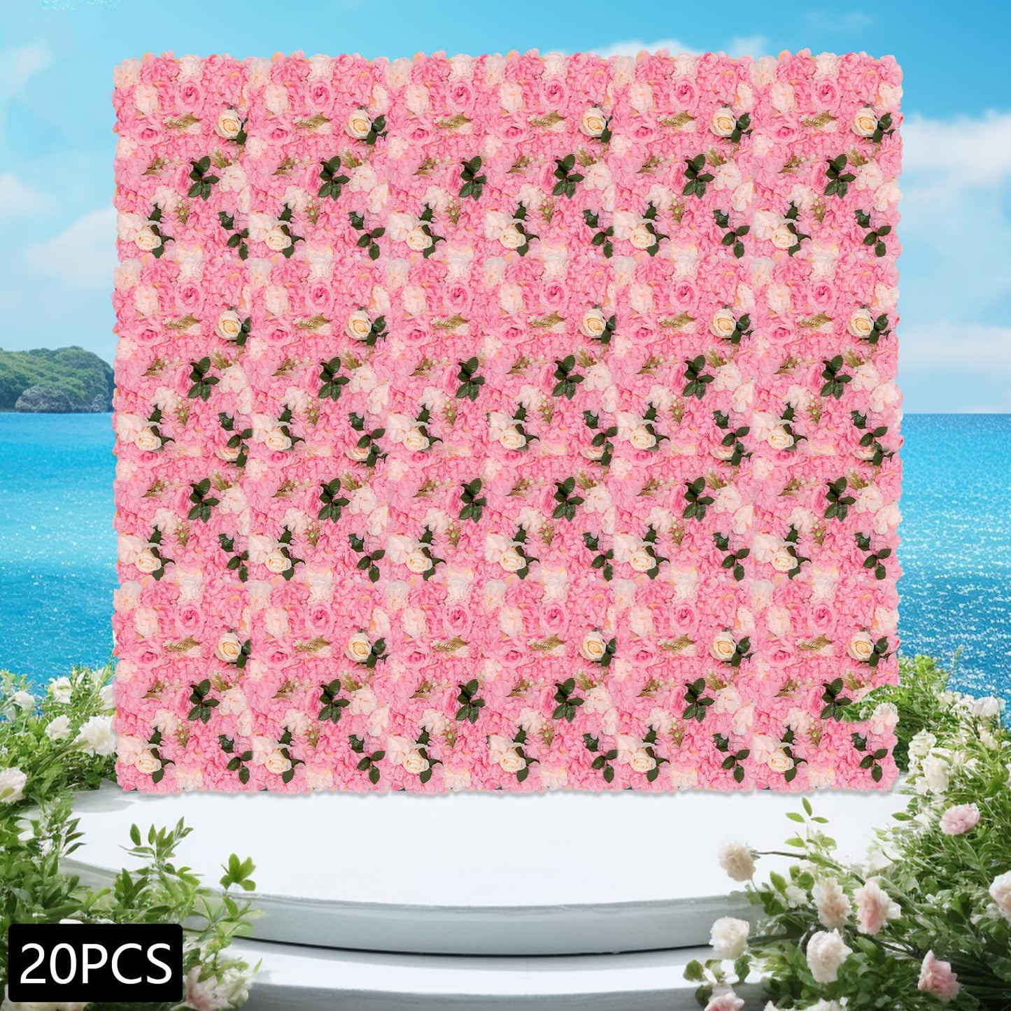 Unnsiapit Artificial Flower Wall Backdrop, 20Pcs Background Panels Floral Wall Privacy Screen Decorative Fences for Party Wedding Garden Outdoor, W23.6*H15.8in, Pink & White & Green