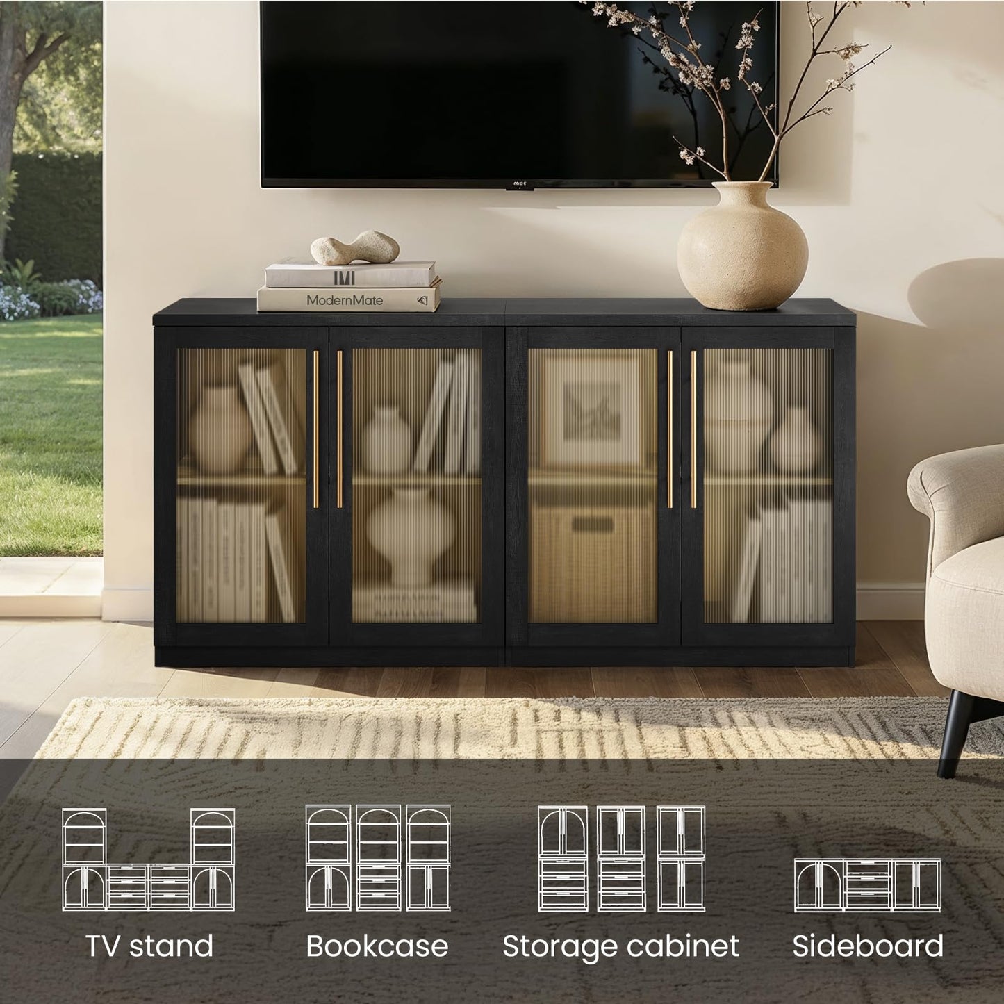 ModernMate Set of 2 Accent Sideboard Cabinets, 62" Modular Storage Buffet Table with Acrylic View Doors, Black Wood Grain Media Console with Soft-Close Hinges for Living Room, Dining Room