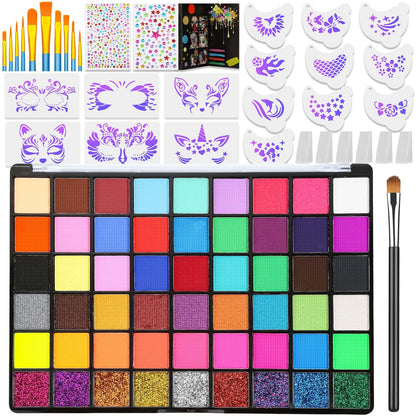 Professional Face Painting Kit for Kids and Adults – 54 Color Water Activated Cosplay Makeup Kit, Non-Toxic Body Paint with Stencils, Gems, Brushes– for Halloween FX, Bday Parties, School Event