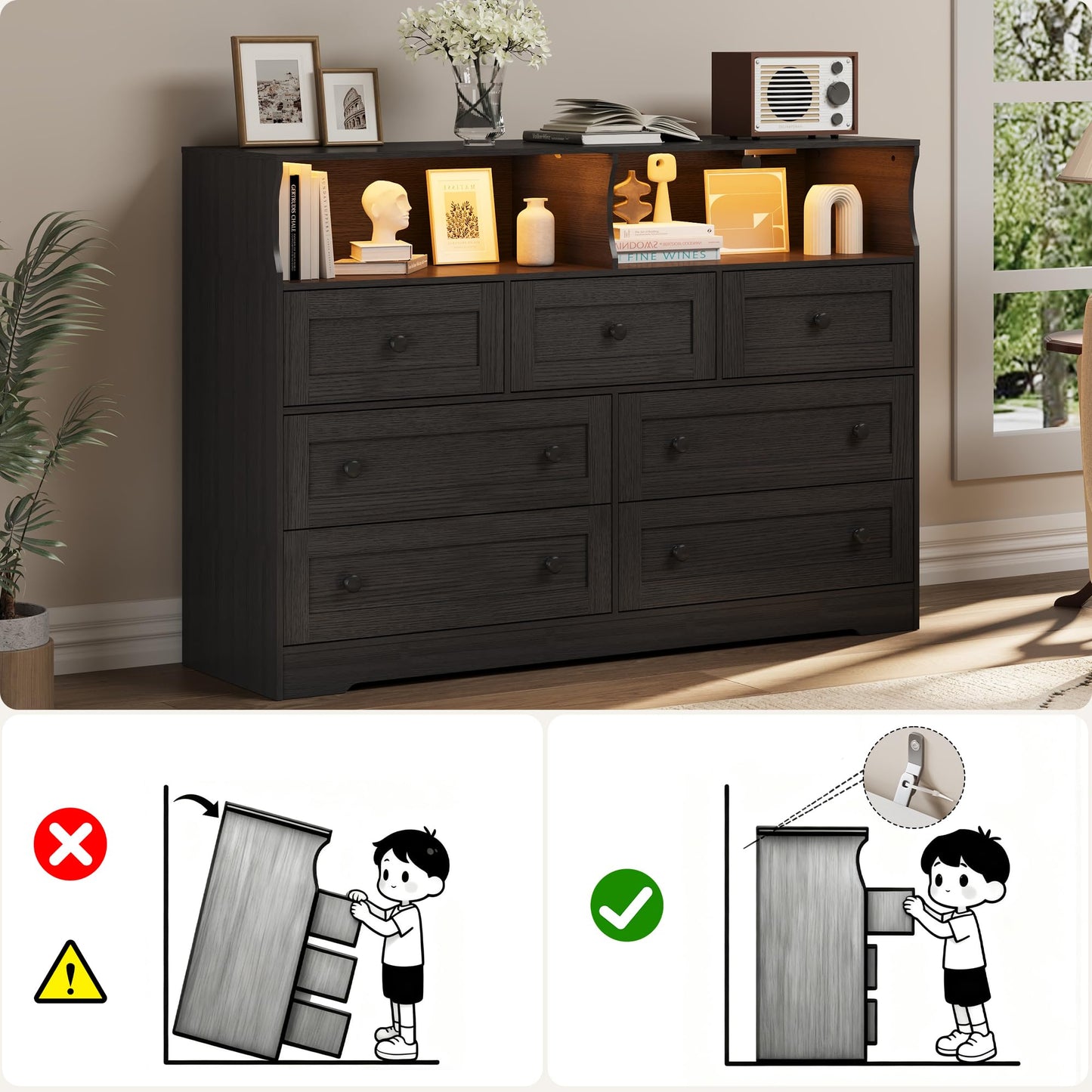 IDEALHOUSE Dresser for Bedroom with 7 Drawers, LED Lights & Charging Station, Wooden Chest with 2 Open Compartments, Freestanding Storage Organizer for Closet, Nursery, Entryway, Black