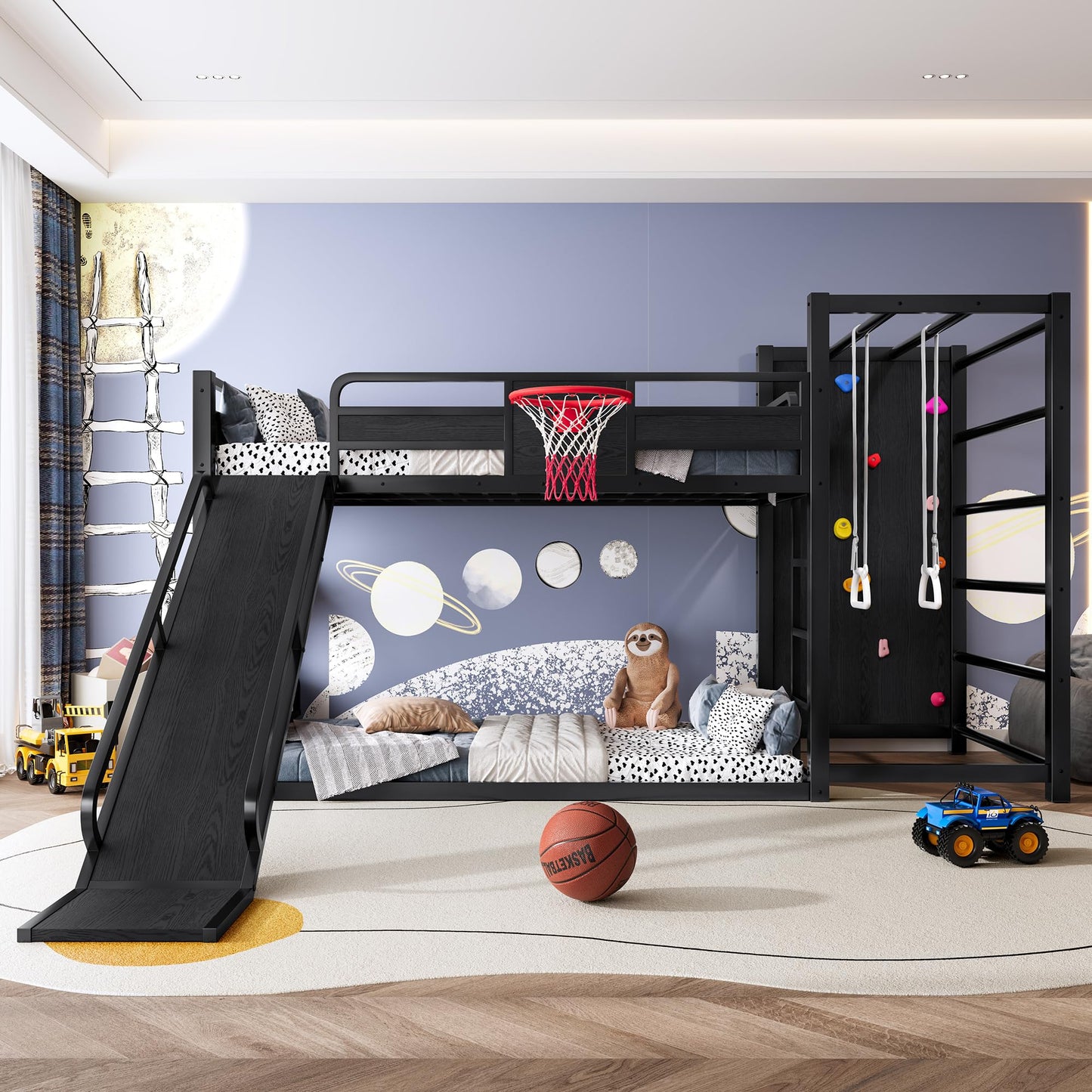 Bellemave Twin Size Bunk Bed with Basketball Hoop, Pull-up Rings and Climbing Wall, Twin Bunk Bed with Slide and Bookcase, Heavy Duty Bunk Beds with Guardrail, Black