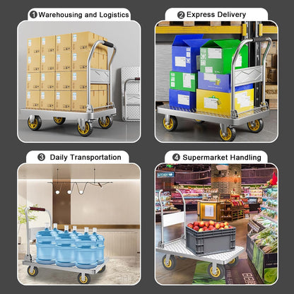 Heavy-Duty Metal Platform Cart - Flatbed Trolley with 360° Swivel Wheels and Folding Handle for Supermarkets, Warehouses, and Garages