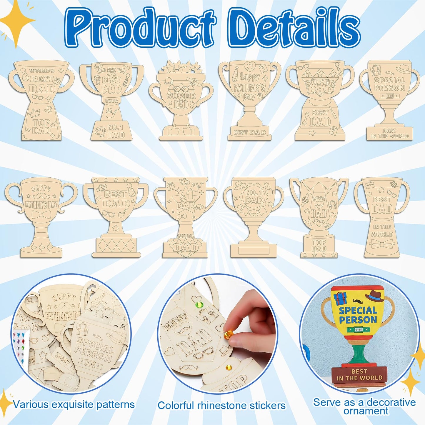 Eaasty 12 Set Father's Day Wooden Trophy Craft Kit 12 Unique Trophy Designs with Acrylic Rhinestone Stickers Paint and Brushes DIY Gifts for Fathers Grandpas Family Classroom Activity Crafts Supplies