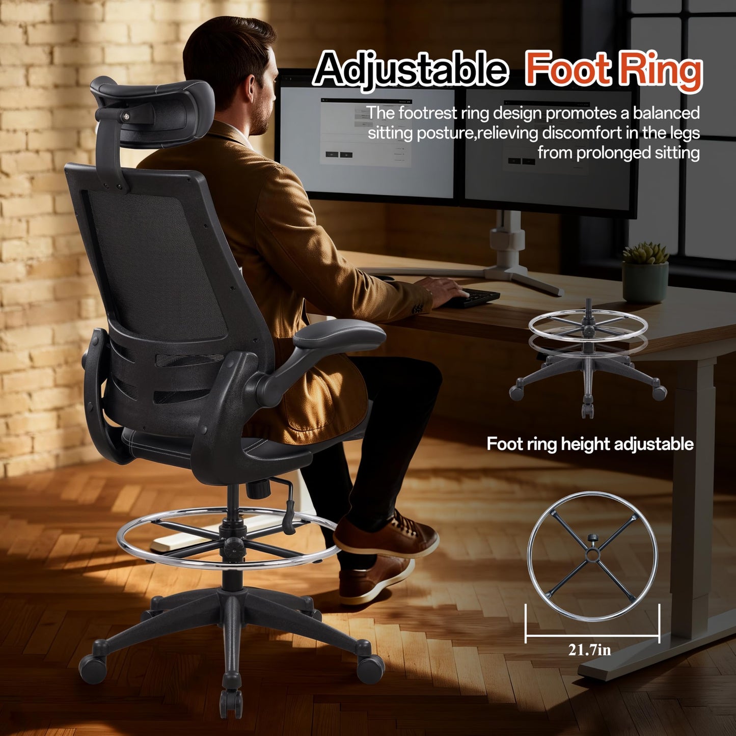 BOLISS Tall Ergonomic Office Chair, Sustainable Tech-Leather Drafting Chair with Adjustable Foot Ring, 90° Flip-Up Arms Space Saving Mesh Computer Desk Chair for Standing Desk Executive Work 8+ Hours