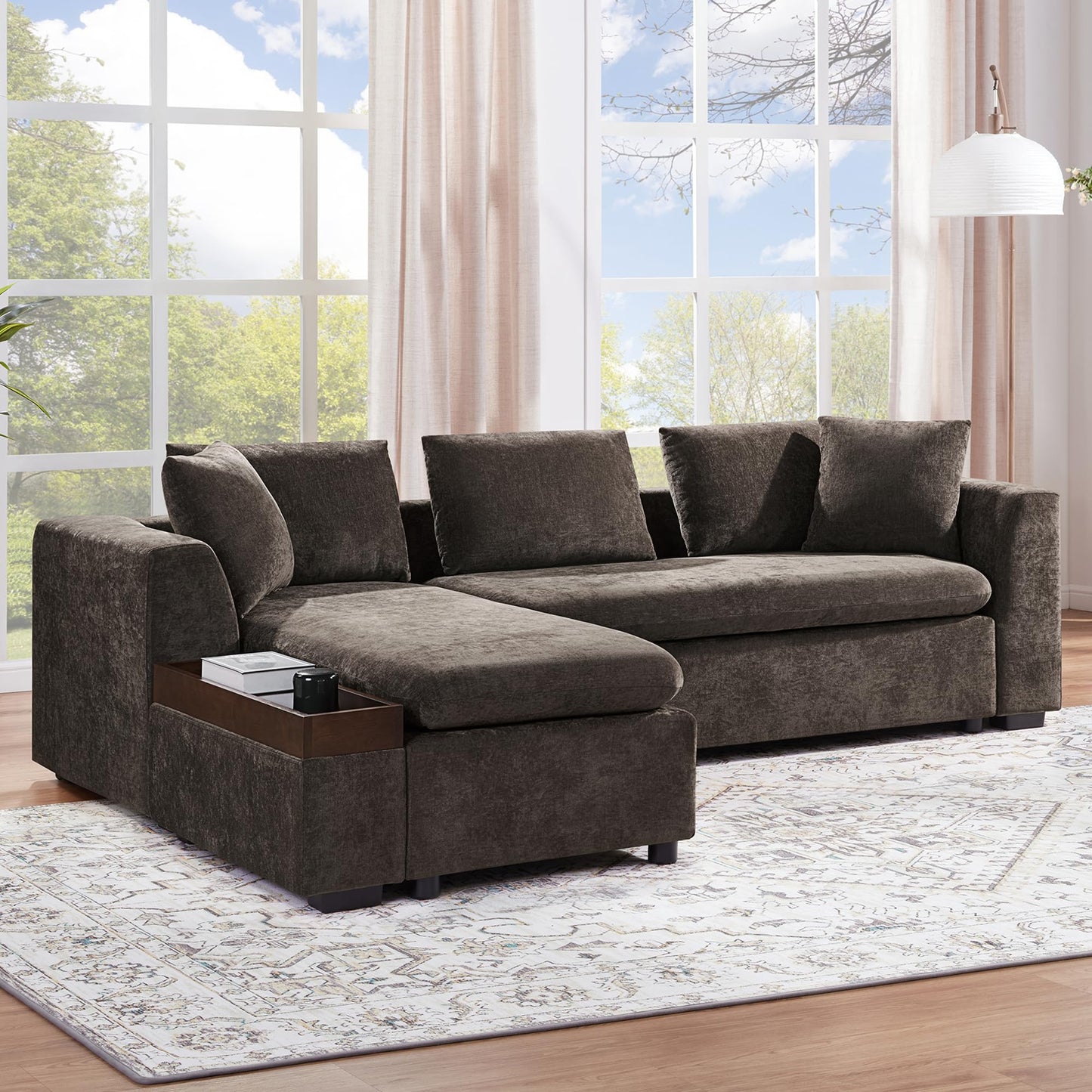 Merax 93.7" L-Shaped Sectional Sofa with Wooden Storage Compartment, Chenille Upholstered Deep Seating Sleeper Couch & Chaise Lounge and Throw Pillows for Living Room, Brown