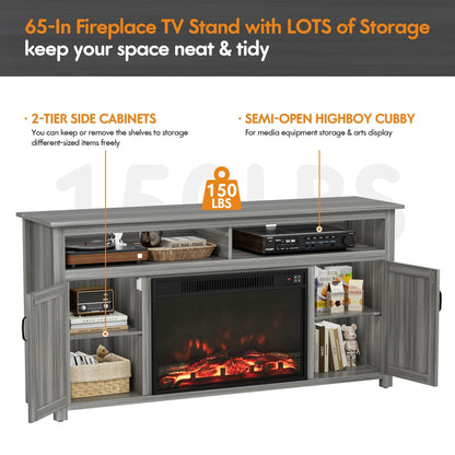 YESHOMY Fireplace TV Stand for Television up to 65+ Inch with Storage and Farmhouse Barn Doors, Entertainment Center with Cabinet and Shelves, Media Console for Living Room, Gray Wash