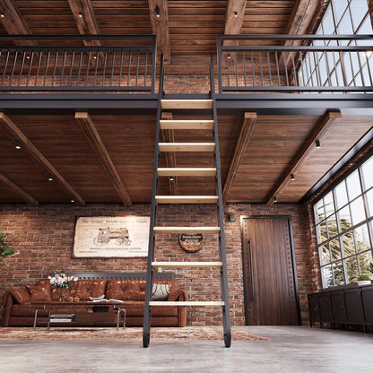 10.35FT Industrial Style Loft Ladder, 8 Steps with Black Steel Handrails & Solid Wood Steps, 450lbs Capacity, Fits 8.2-9FT Installation Height,for Attic, Kitchen, Warehouse, Bookshelf& Outdoor