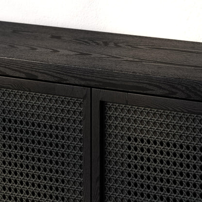 Henn&Hart TV Stand for TVs up to 78" with 2 Concealed Storage Cabinets, Rattan Insert Detailing, and Adjustable Shelves for Living Room, Family Room, or Office, Natural Black