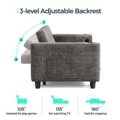 LINSY 54" Pull Out Couch with Charging Station, Small Sleeper Sofa Bed with Cup Holder, 3 in 1 Convertible Loveseat Sleeper Couch for Apartment, Dorm Room, Bedroom and Small Space, Gray