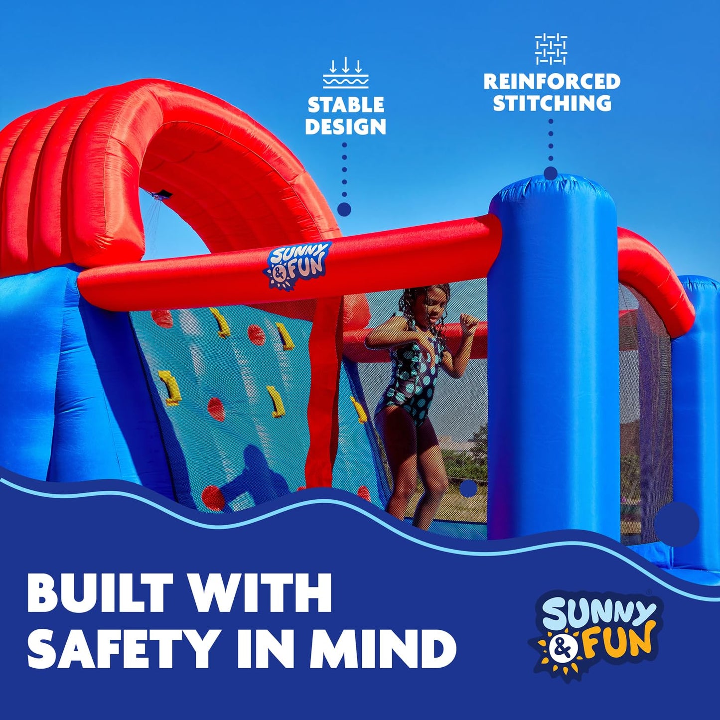Sunny & Fun Ultra All-Play Inflatable Water Slide Park – Heavy-Duty for Outdoor Fun - Climbing Wall, Slides, Bounce House, Volley Net, Hoop, Deep Pool – Inflate w/Included Air Pump & Carrying Case