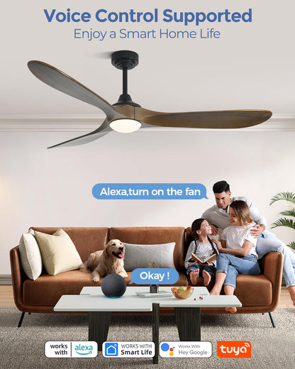 Ombrin 72 inch Outdoor Ceiling Fans with Lights,Smart Wood Large Ceiling Fan for Alexa,Google & APP Control,Indoor/Outdoor,3 Blades,3CCT Dimmable,Bronze Walnut,Downrod Mount for Patio Porch
