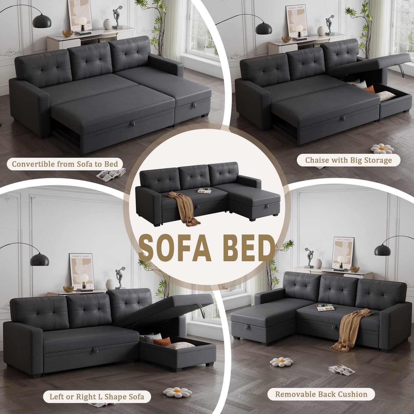 KTATK L-Shape 82" Linen Upholstered Pull Out Sectional Sofa with Storage Chaise,Can be Converted into a Twin Size Sleeper Bed W/Removable Back Cushions,for Living Room,Apartment,Office,Dark Gray