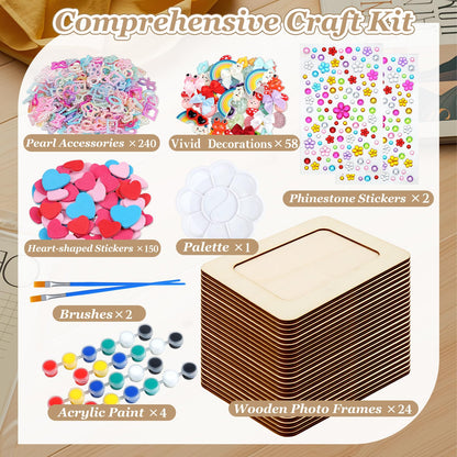 Picture Frame Painting Craft Kit,24 Pack Unfinished Wooden Picture Frames 4 x 6 Inch with Pearl Resin Diamond and Foam Stickers for DIY Paint and Decorate Craft Birthday Wedding Gifts