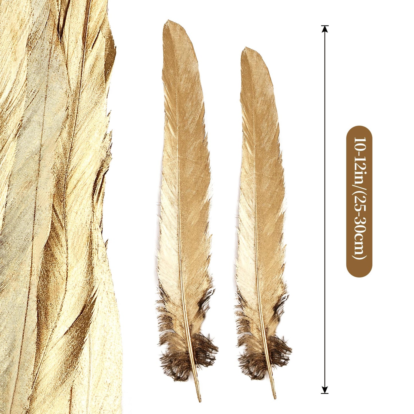 iHUFeather Natural Rooster Tail Feathers 50pcs 10-12inch Long Rooster Coque Tail Feathers Bulk for DIY Crafts Costume and Halloween Party Performances Decoration(Gold)