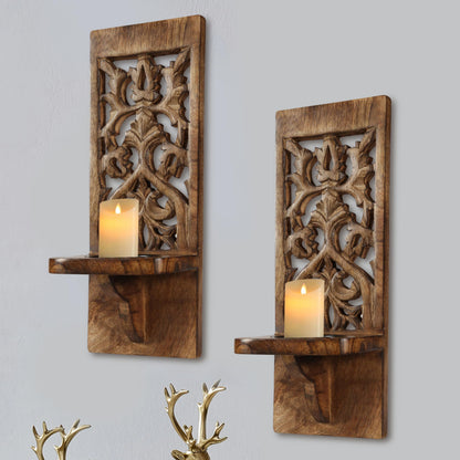 Wall Mount Rustic Candle Sconces Set of 2 - Wooden Floating Shelf Pillar Candle Holders, Farmhouse Wall Décor for Living Room & Bedroom - 16 Inch - Antique Burnt