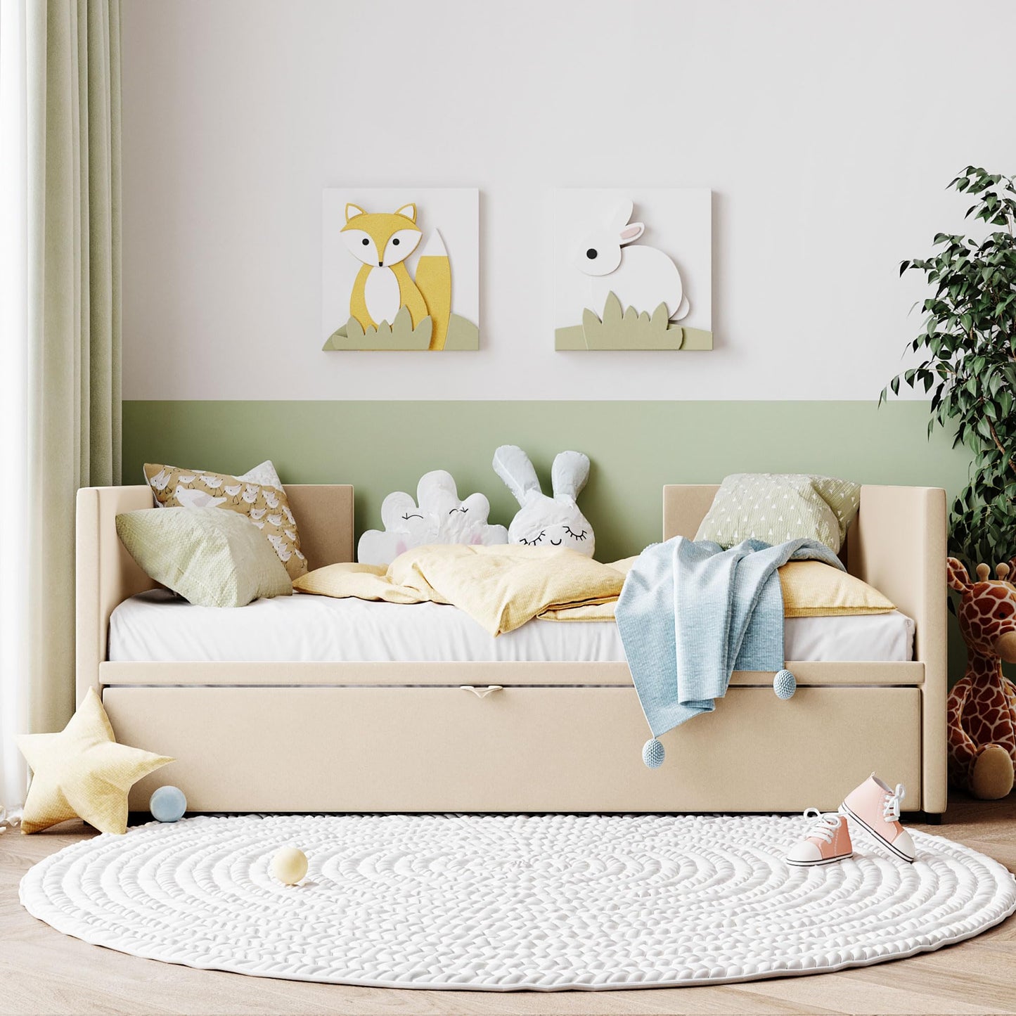 KTATK Twin Size Velvet Upholstered Daybed with Pop Up Trundle,Extendable Wooden Bed Frame,W/Backrest and Armrests,Twin-Size to King-Size,for Living Room Apartment,Beige