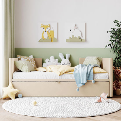 KTATK Twin Size Velvet Upholstered Daybed with Pop Up Trundle,Extendable Wooden Bed Frame,W/Backrest and Armrests,Twin-Size to King-Size,for Living Room Apartment,Beige