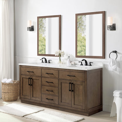 OVE Decors Athea 72" Double Undermount Sink Bathroom Vanity with Cultured Marble Countertop, Backsplash, Power Bar, in Almond Latte Finish