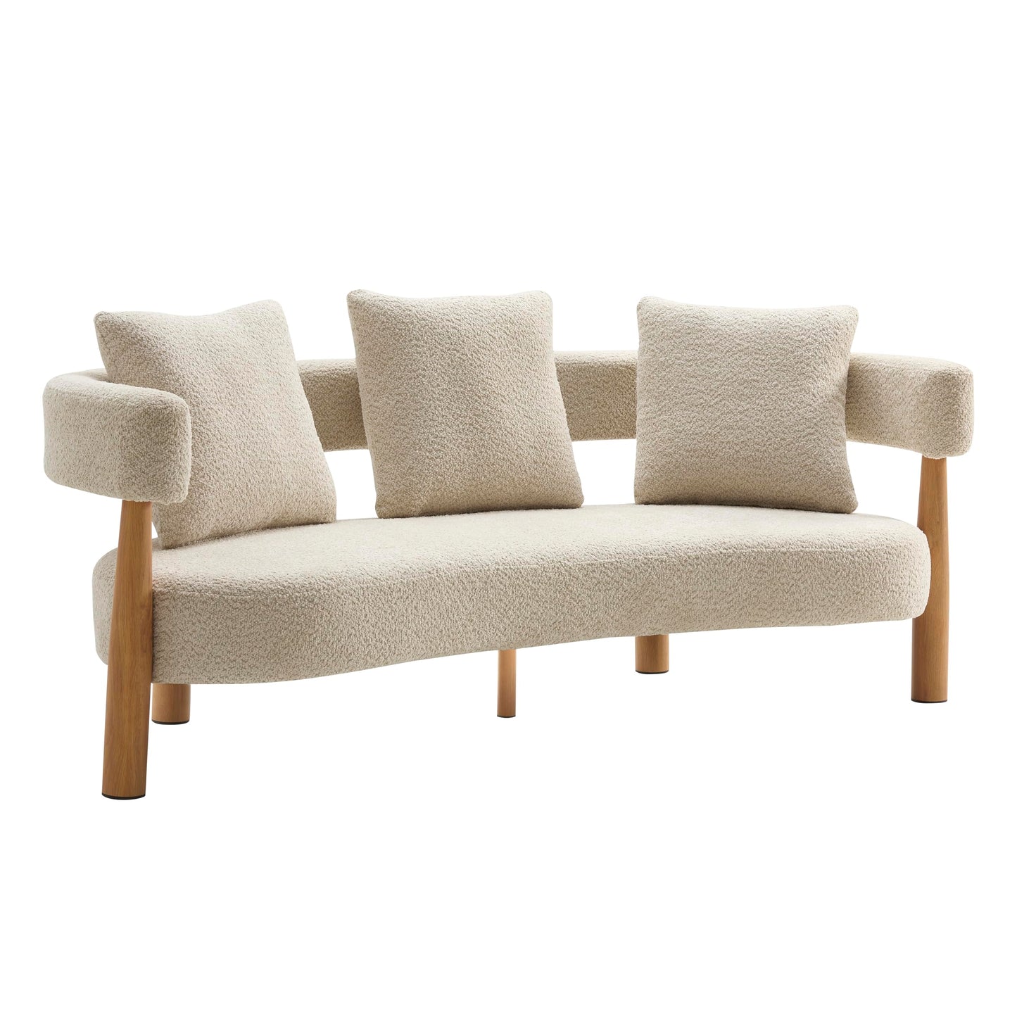 Christopher Knight Home Yulez Curved 3-Seater Sofa Couch with 3 Accent Pillows, Boucle Fabric Upholstered Lounge Seating, 76.5'' Home Office Bedroom Sofa Chair, Comfy Wooden Frame Sofa, Sesame Beige