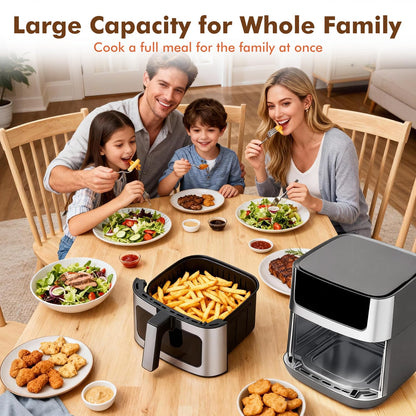 Sweetcrispy 6.34QT Air Fryer, 8-in-1 Air Fryers Oven with Visible Window, 400℉ Fast Heating, Nonstick Dishwasher-Safe Basket, Timer & Auto-Off, Stainless Steel, Grey