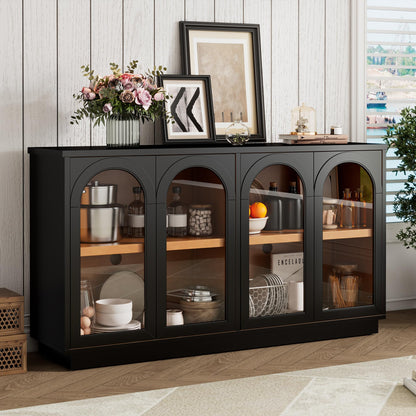 Merax 4-Door Large Storage Buffet Cabinet with Arched Glass Doors and Adjustable Shelves for Kitchen, Dining Room and Living Room
