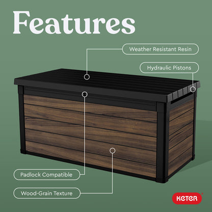 Keter Signature Collection 150 Gallon Resin Deck Box Organization and Storage for Patio Outdoor Cushions, Throw Pillows, Garden Tools and Pool Supplies, Rosewood