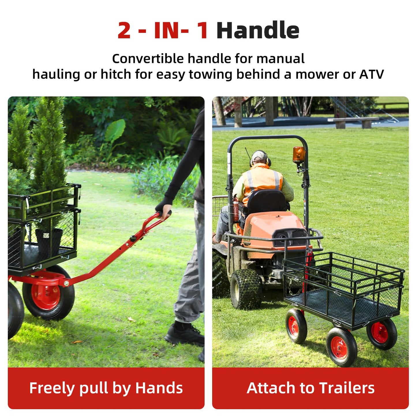 1400 lbs Steel Garden Cart, Heavy Duty Metal Yard Utility Wagon with Removable Mesh Sides, 2-in-1 180° Rotating Handle and 16 inch Wheels, Steel Utility Wagon Perfect for Garden, Farm, Yard