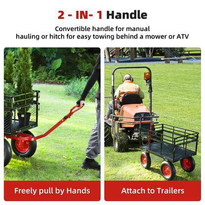 1400 lbs Steel Garden Cart, Heavy Duty Metal Yard Utility Wagon with Removable Mesh Sides, 2-in-1 180° Rotating Handle and 16 inch Wheels, Steel Utility Wagon Perfect for Garden, Farm, Yard