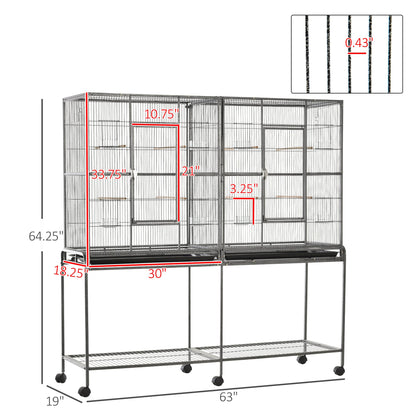 PawHut 65" Double Rolling Metal Bird Cage with Divider, Large Parrot Cage for Parakeet, Canaries, Lovebirds, Budgie, Finch, with Detachable Rolling Stand, Storage Shelf, Wood Perch & Food Container