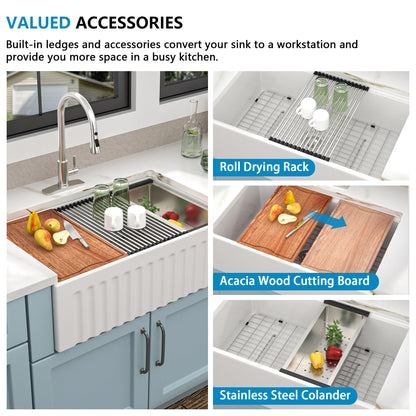 33 White Farm Sink Workstation - Fulorni 33 Inch Farmhouse Kitchen Sink Workstation Flat Apron Front White Ceramic Porcelain Fireclay Single Bowl Farmer Style Basin