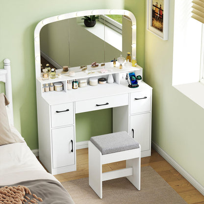 CHARMAID White Vanity Desk with Arched Mirror and Lights, Large Makeup Vanity Table with Charging Station, Storage Drawers & Cabinets, Modern Dressing Table with Stool for Bedroom