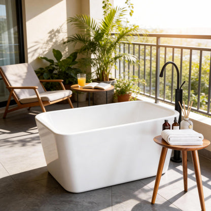 49" Acrylic Freestanding Soaking Bathtub, Matte Black Drain & Overflow, Modern Design Unique Tub for Home Bathroom Renovations, Glossy White