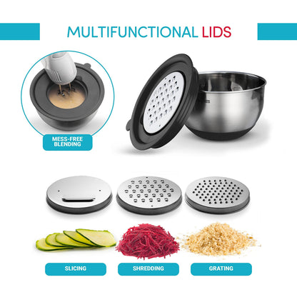Belwares Mixing Bowls with Lids Set of 5 - Stainless Steel Mixing Bowl Set, Kitchen Nesting Metal Bowls with Non Slip Bottoms + 3 Grater Attachments, Airtight Lids, Food Prep + Storage, Matte Black