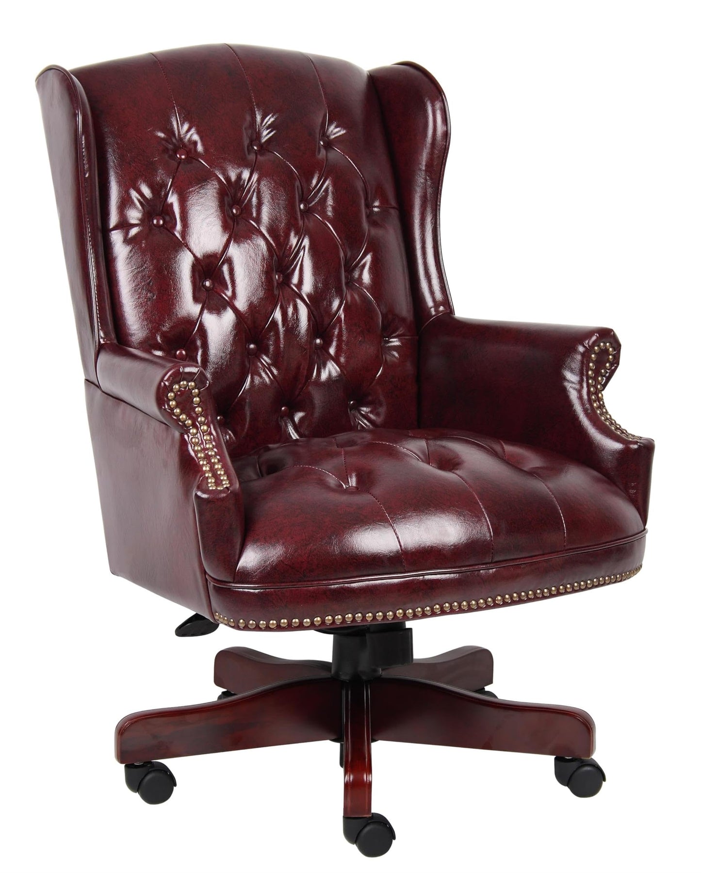 Scranton & Co Traditional Faux Leather Executive Chair, 30" W x 32" D x 41-44" H, Oxblood Red Finish, Tufted Wingback Design, Mahogany Wood Accents, Adjustable Height, Office Desk Chair