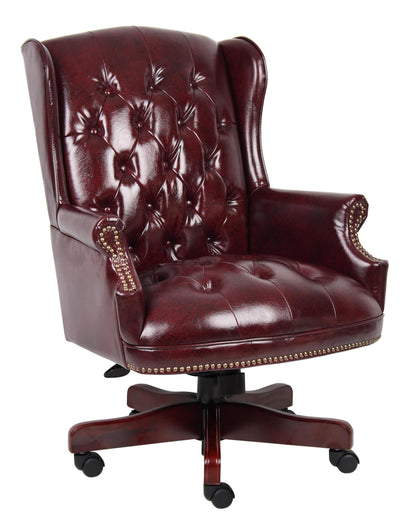 Scranton & Co Traditional Faux Leather Executive Chair, 30" W x 32" D x 41-44" H, Oxblood Red Finish, Tufted Wingback Design, Mahogany Wood Accents, Adjustable Height, Office Desk Chair