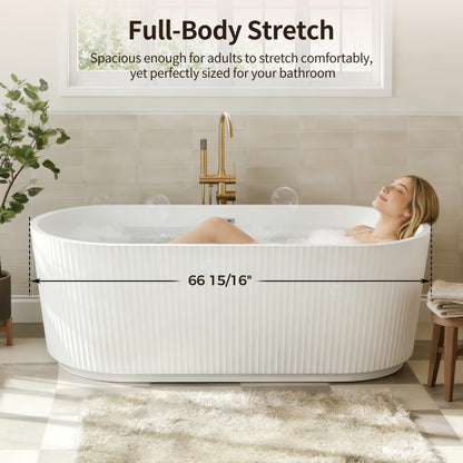 DeerValley 67" Acrylic Freestanding Bathtub, Easy Install Standalone Deep Soaking Tub with Fluted Design, Modern Ergonomic Shower Tub with Center Drain in White, DV-1T0583